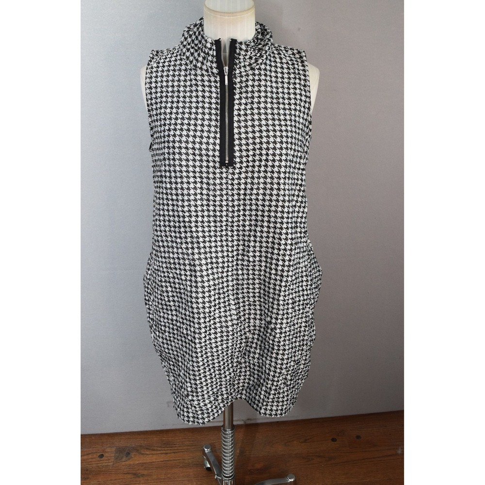 Chalet Tunic Dress Small Black White Houndstooth 1/4 Zip Sleeveless Lagenlook